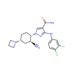 N#C[C@H]1C[C@H](N2CCC2)CC[C@@H]1n1cc(C(N)=O)c(Nc2ccc(Cl)c(F)c2)n1 ZINC000204984043