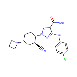 N#C[C@H]1C[C@H](N2CCC2)CC[C@@H]1n1cc(C(N)=O)c(Nc2ccc(Cl)cc2)n1 ZINC000221159961