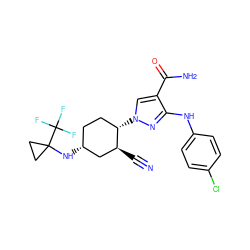 N#C[C@H]1C[C@H](NC2(C(F)(F)F)CC2)CC[C@@H]1n1cc(C(N)=O)c(Nc2ccc(Cl)cc2)n1 ZINC000222980968