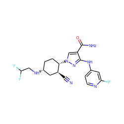 N#C[C@H]1C[C@H](NCC(F)F)CC[C@@H]1n1cc(C(N)=O)c(Nc2ccnc(F)c2)n1 ZINC000221203790