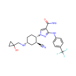 N#C[C@H]1C[C@H](NCC2(O)CC2)CC[C@@H]1n1cc(C(N)=O)c(Nc2ccc(C(F)(F)F)cc2)n1 ZINC000221173597