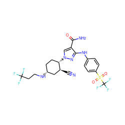 N#C[C@H]1C[C@H](NCCC(F)(F)F)CC[C@@H]1n1cc(C(N)=O)c(Nc2ccc(S(=O)(=O)C(F)(F)F)cc2)n1 ZINC000221081637