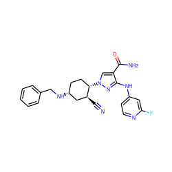 N#C[C@H]1C[C@H](NCc2ccccc2)CC[C@@H]1n1cc(C(N)=O)c(Nc2ccnc(F)c2)n1 ZINC000221865536