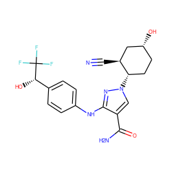 N#C[C@H]1C[C@H](O)CC[C@@H]1n1cc(C(N)=O)c(Nc2ccc([C@H](O)C(F)(F)F)cc2)n1 ZINC000221849577