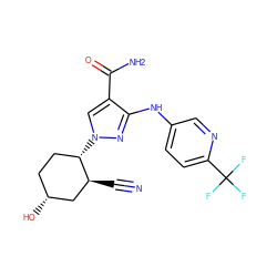 N#C[C@H]1C[C@H](O)CC[C@@H]1n1cc(C(N)=O)c(Nc2ccc(C(F)(F)F)nc2)n1 ZINC000205018294