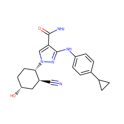 N#C[C@H]1C[C@H](O)CC[C@@H]1n1cc(C(N)=O)c(Nc2ccc(C3CC3)cc2)n1 ZINC000221143442