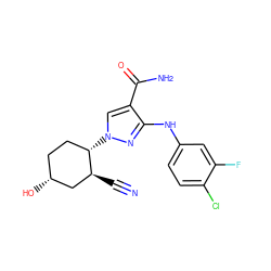 N#C[C@H]1C[C@H](O)CC[C@@H]1n1cc(C(N)=O)c(Nc2ccc(Cl)c(F)c2)n1 ZINC000204957350