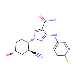 N#C[C@H]1C[C@H](O)CC[C@@H]1n1cc(C(N)=O)c(Nc2ccc(Cl)nc2)n1 ZINC000221181016