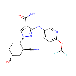 N#C[C@H]1C[C@H](O)CC[C@@H]1n1cc(C(N)=O)c(Nc2ccc(OC(F)F)nc2)n1 ZINC000204957282