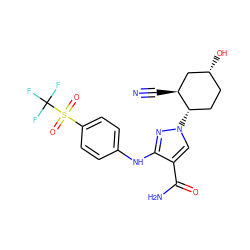 N#C[C@H]1C[C@H](O)CC[C@@H]1n1cc(C(N)=O)c(Nc2ccc(S(=O)(=O)C(F)(F)F)cc2)n1 ZINC000205062555