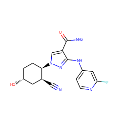 N#C[C@H]1C[C@H](O)CC[C@H]1n1cc(C(N)=O)c(Nc2ccnc(F)c2)n1 ZINC000204966003