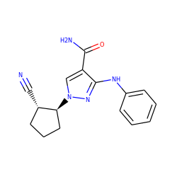 N#C[C@H]1CCC[C@@H]1n1cc(C(N)=O)c(Nc2ccccc2)n1 ZINC000205045814