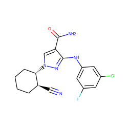 N#C[C@H]1CCCC[C@@H]1n1cc(C(N)=O)c(Nc2cc(F)cc(Cl)c2)n1 ZINC000221084909