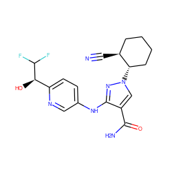 N#C[C@H]1CCCC[C@@H]1n1cc(C(N)=O)c(Nc2ccc([C@@H](O)C(F)F)nc2)n1 ZINC000221849716