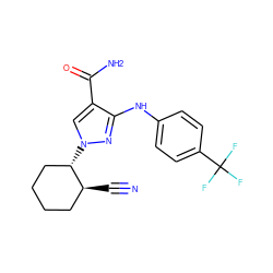 N#C[C@H]1CCCC[C@@H]1n1cc(C(N)=O)c(Nc2ccc(C(F)(F)F)cc2)n1 ZINC000221196178