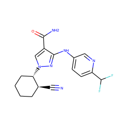 N#C[C@H]1CCCC[C@@H]1n1cc(C(N)=O)c(Nc2ccc(C(F)F)nc2)n1 ZINC000204937284