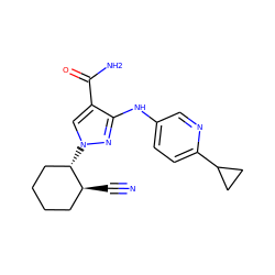 N#C[C@H]1CCCC[C@@H]1n1cc(C(N)=O)c(Nc2ccc(C3CC3)nc2)n1 ZINC000221087548