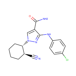 N#C[C@H]1CCCC[C@@H]1n1cc(C(N)=O)c(Nc2ccc(Cl)cc2)n1 ZINC000204956931