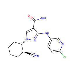 N#C[C@H]1CCCC[C@@H]1n1cc(C(N)=O)c(Nc2ccc(Cl)nc2)n1 ZINC000204937157