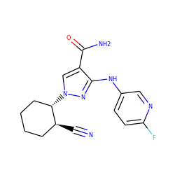 N#C[C@H]1CCCC[C@@H]1n1cc(C(N)=O)c(Nc2ccc(F)nc2)n1 ZINC000221086544