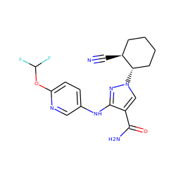 N#C[C@H]1CCCC[C@@H]1n1cc(C(N)=O)c(Nc2ccc(OC(F)F)nc2)n1 ZINC000221877221