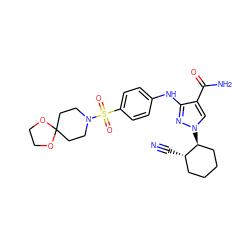 N#C[C@H]1CCCC[C@@H]1n1cc(C(N)=O)c(Nc2ccc(S(=O)(=O)N3CCC4(CC3)OCCO4)cc2)n1 ZINC000221105994