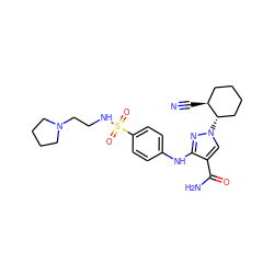 N#C[C@H]1CCCC[C@@H]1n1cc(C(N)=O)c(Nc2ccc(S(=O)(=O)NCCN3CCCC3)cc2)n1 ZINC000221153097