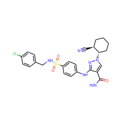 N#C[C@H]1CCCC[C@@H]1n1cc(C(N)=O)c(Nc2ccc(S(=O)(=O)NCc3ccc(Cl)cc3)cc2)n1 ZINC000204947429