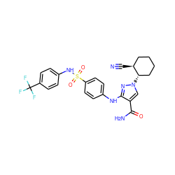 N#C[C@H]1CCCC[C@@H]1n1cc(C(N)=O)c(Nc2ccc(S(=O)(=O)Nc3ccc(C(F)(F)F)cc3)cc2)n1 ZINC000221250291