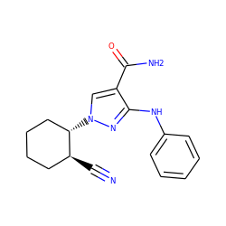 N#C[C@H]1CCCC[C@@H]1n1cc(C(N)=O)c(Nc2ccccc2)n1 ZINC000205045894