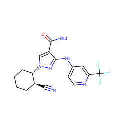 N#C[C@H]1CCCC[C@@H]1n1cc(C(N)=O)c(Nc2ccnc(C(F)(F)F)c2)n1 ZINC000221148815