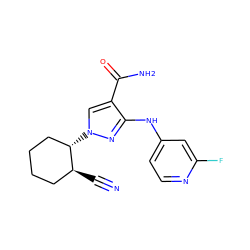 N#C[C@H]1CCCC[C@@H]1n1cc(C(N)=O)c(Nc2ccnc(F)c2)n1 ZINC000221146773