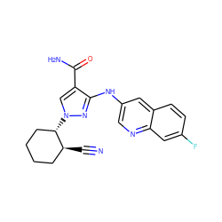 N#C[C@H]1CCCC[C@@H]1n1cc(C(N)=O)c(Nc2cnc3cc(F)ccc3c2)n1 ZINC000221107541