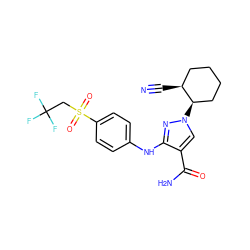 N#C[C@H]1CCCC[C@H]1n1cc(C(N)=O)c(Nc2ccc(S(=O)(=O)CC(F)(F)F)cc2)n1 ZINC000221224876