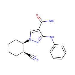 N#C[C@H]1CCCC[C@H]1n1cc(C(N)=O)c(Nc2ccccc2)n1 ZINC000205045875