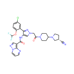 N#C[C@H]1CCN(C2CCN(C(=O)Cn3cc(NC(=O)c4cnn5cccnc45)c(-c4cc(Cl)ccc4OC(F)F)n3)CC2)C1 ZINC001772620269