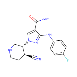 N#C[C@H]1CCNC[C@@H]1n1cc(C(N)=O)c(Nc2ccc(F)cc2)n1 ZINC000205011949