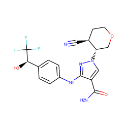 N#C[C@H]1CCOC[C@@H]1n1cc(C(N)=O)c(Nc2ccc([C@@H](O)C(F)(F)F)cc2)n1 ZINC000220676608