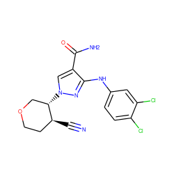 N#C[C@H]1CCOC[C@@H]1n1cc(C(N)=O)c(Nc2ccc(Cl)c(Cl)c2)n1 ZINC000204977224