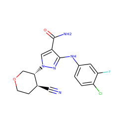 N#C[C@H]1CCOC[C@@H]1n1cc(C(N)=O)c(Nc2ccc(Cl)c(F)c2)n1 ZINC000204977136