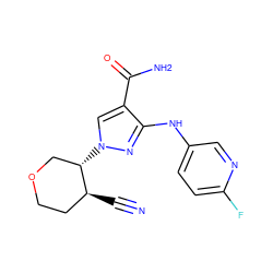 N#C[C@H]1CCOC[C@@H]1n1cc(C(N)=O)c(Nc2ccc(F)nc2)n1 ZINC000221218043