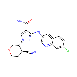 N#C[C@H]1CCOC[C@@H]1n1cc(C(N)=O)c(Nc2cnc3cc(Cl)ccc3c2)n1 ZINC000204994031