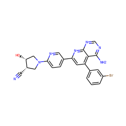 N#C[C@H]1CN(c2ccc(-c3cc(-c4cccc(Br)c4)c4c(N)ncnc4n3)cn2)C[C@H]1O ZINC000013538461
