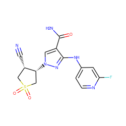 N#C[C@H]1CS(=O)(=O)C[C@H]1n1cc(C(N)=O)c(Nc2ccnc(F)c2)n1 ZINC000220689386