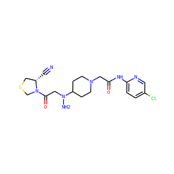 N#C[C@H]1CSCN1C(=O)CN(N)C1CCN(CC(=O)Nc2ccc(Cl)cn2)CC1 ZINC000038576004