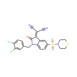 N#CC(C#N)=C1C(=O)N(Cc2ccc(Cl)c(Cl)c2)c2ccc(S(=O)(=O)N3CCSCC3)cc21 ZINC000049878620