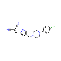 N#CC(C#N)=Cc1cc(CN2CCN(c3ccc(Cl)cc3)CC2)c[nH]1 ZINC000013862512