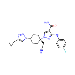 N#CC[C@]1(n2cc(C(N)=O)c(Nc3ccc(F)cc3)n2)CC[C@@H](n2cc(C3CC3)nn2)CC1 ZINC001772612324