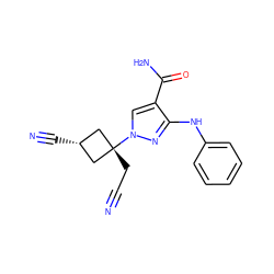 N#CC[C@]1(n2cc(C(N)=O)c(Nc3ccccc3)n2)C[C@@H](C#N)C1 ZINC001772628398