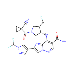 N#CC1(C(=O)N2C[C@H](CF)[C@H](Nc3c(C(N)=O)cnn4cc(-c5cnn(C(F)F)c5)nc34)C2)CC1 ZINC001772627575